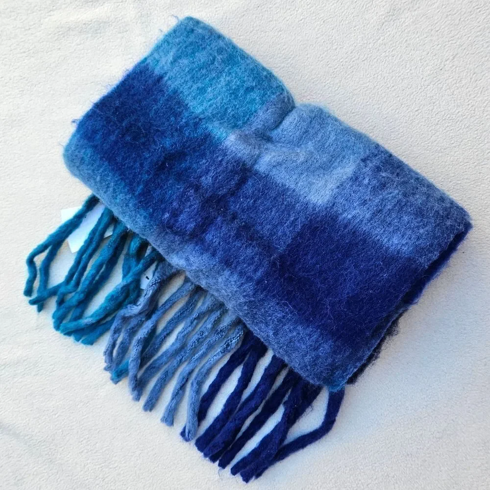 Bloomingdale's Aqua Blue Plaid Fringe Scarf